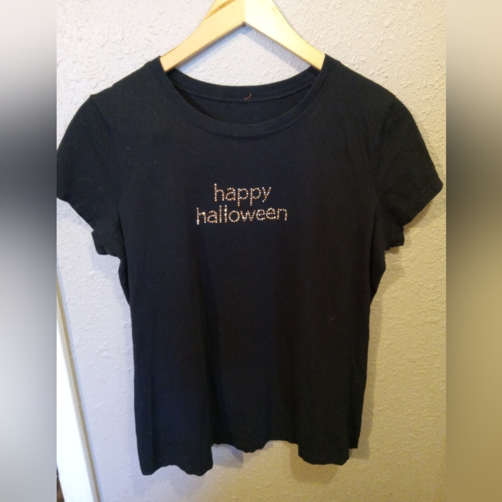 Happy Halloween Rhinestone Black Short Sleeve Tee Shirt